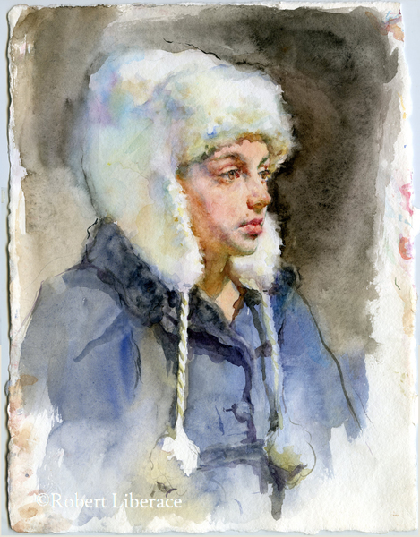 Robert Liberace, Ava in hat, Watercolor