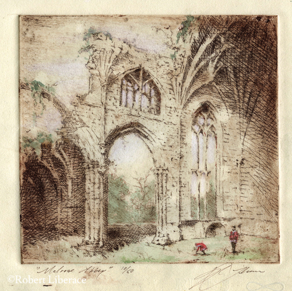 Robert-Liberace,-etching-with-chalk,-Melrose-Abbey