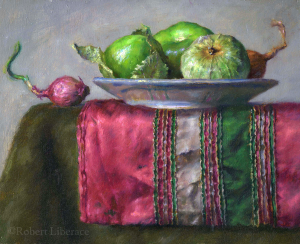Robert Liberace, tomatillas-and-shallots, Oil-on-board