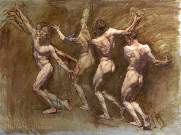Robert Liberace figure throwing oil painting